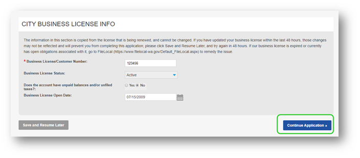 City Business License Info section, space to add Business License/Customer Number, Business License Status, Business License Open Date, and a Yes/No check for Does the Account have Unpaid Balances and/or Unfiled Taxes? A blue Continue Application link is highlighted in green at the bottom of the page.