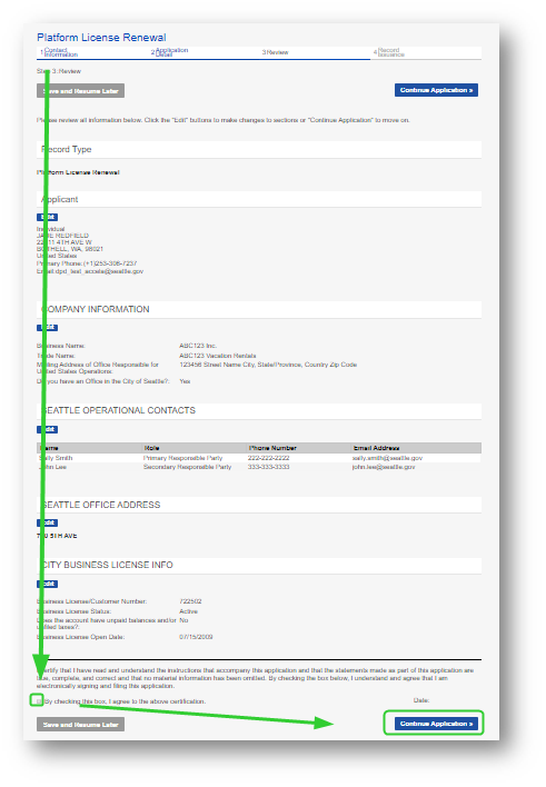 Application information. A green arrow points to the checkable space to affirm and certify application. Another green arrow points to the Continue Application button in the lower right.
