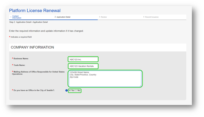 Platform License Renewal Company Information. Sections for Business Name, Trade Name, Mailing Address of Office Responsible for United States Operations, and a Yes/No checkable section for Do You Have an Office in the City of Seattle? Questions are all highlighted.