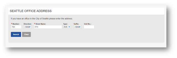 Seattle Office Address section with space to add address located in Seattle.