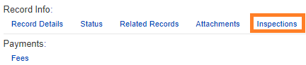 An example of the tabs on a record, the Inspections tab is highlighted.