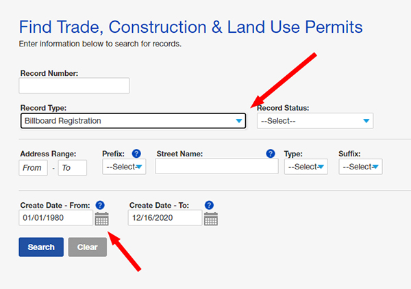 find trade, construction and landuse permits. Arrow pointing at record type and date.