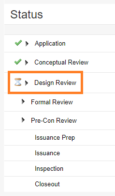 A snap of the Status tracker, green check marks are beside the first two steps, and an hourglass is beside the third step, Design Review, and is highlighted.
