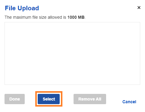 File Upload popup, the blue Select button is highlighted.