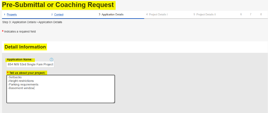 Screenshot highlighting the sections telling applicants what information to include.