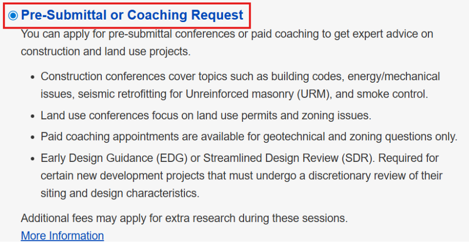 Screenshot showing the Pre-Submittal or Coaching Request option selected.
