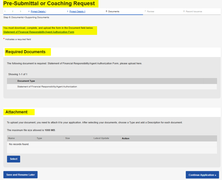 Screenshot highlighting the information required for submitting documents.