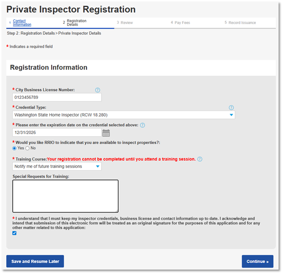 A screenshot showing the requried registration information.