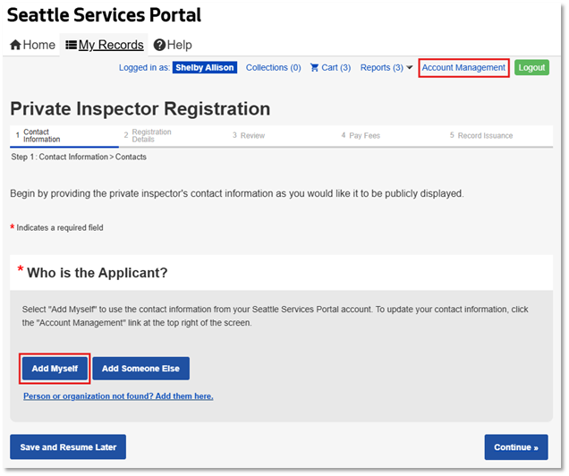 Screenshot of the Private Inspection Registration dialog showing the location of Add Myself.
