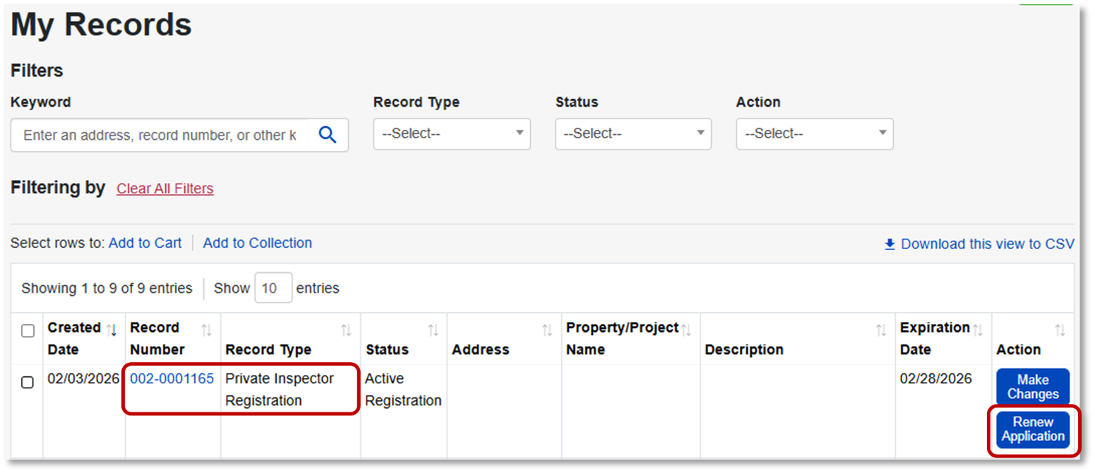 Example of where to find the private inspector registration in My Records.