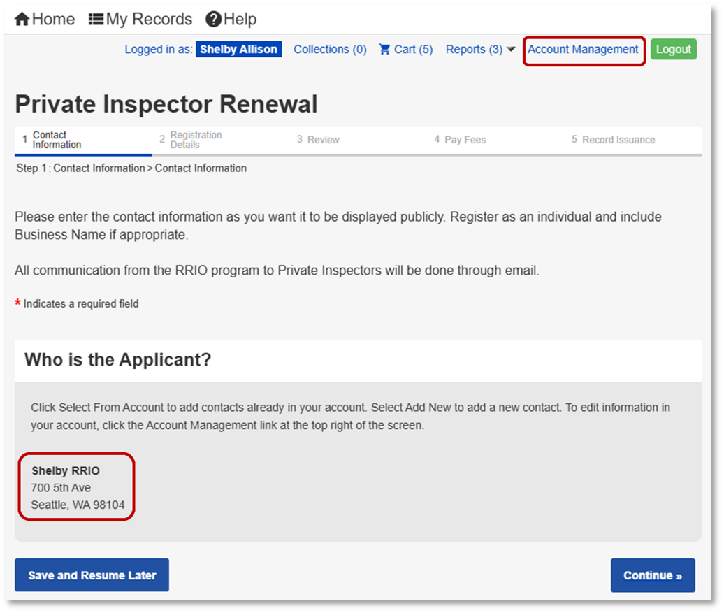 A screenshot showing the location of the Account Management button.