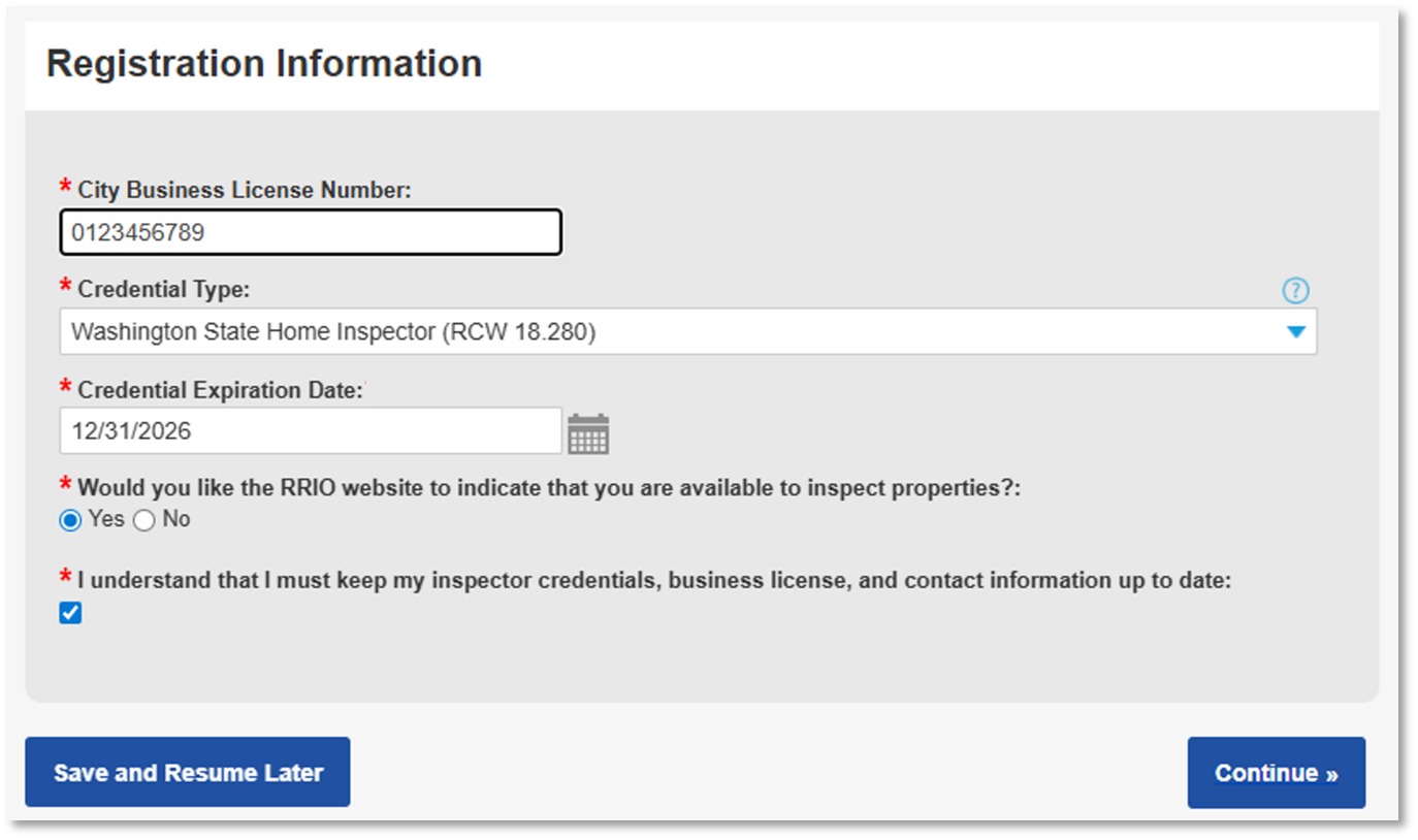 An example of the required registration information.