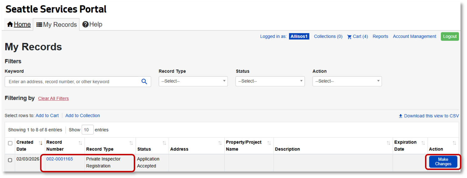 Seattle Service Portal My Records page with Private Inspector Registration and Make Changes highlighted.