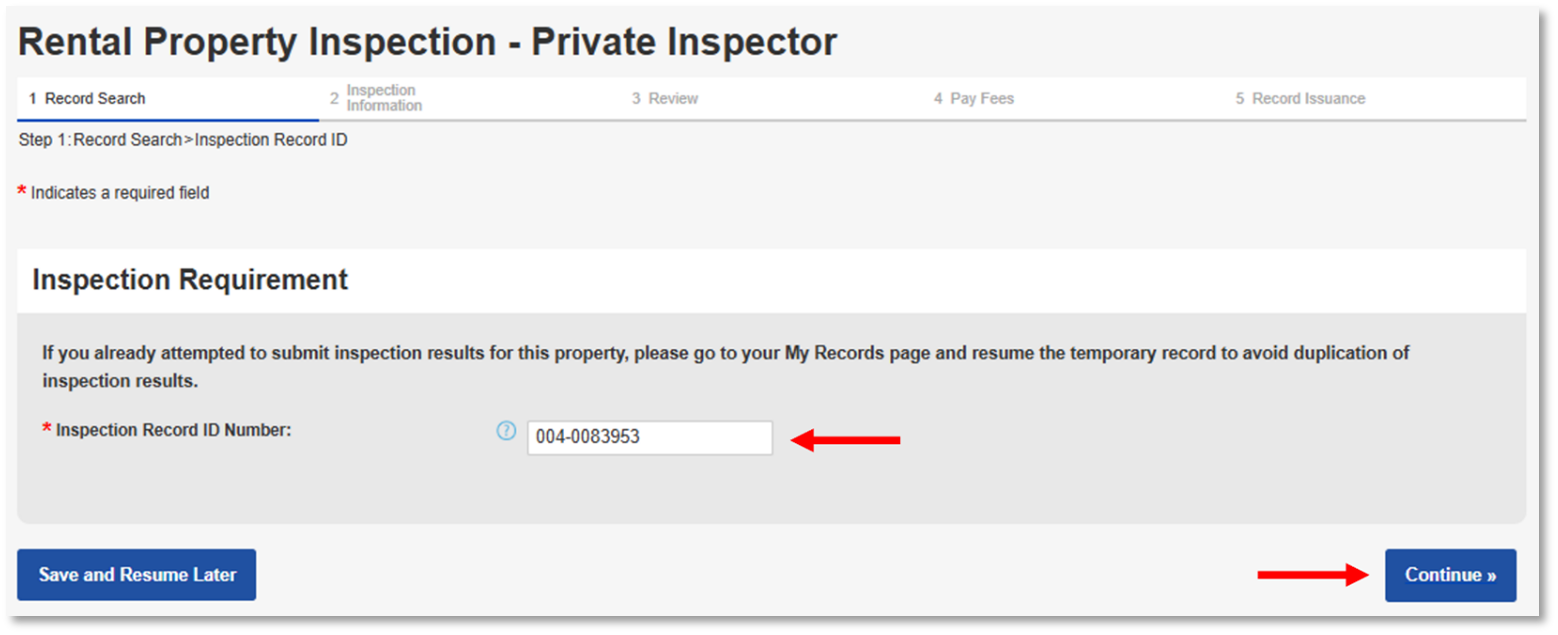 Submitting Inspection Results Step 1a: Enter the Inspection Record ID.