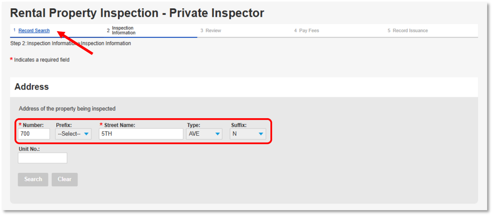 A screenshot showing after entering the inspection record ID number, the address of the associated property will auto populate.