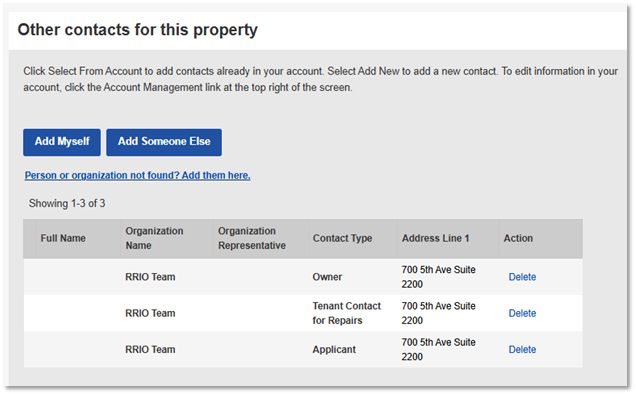 A screenshot showing the Owner, Applicant, and Tenant Contact for Repair contacts associated with the inspection record ID will display.
