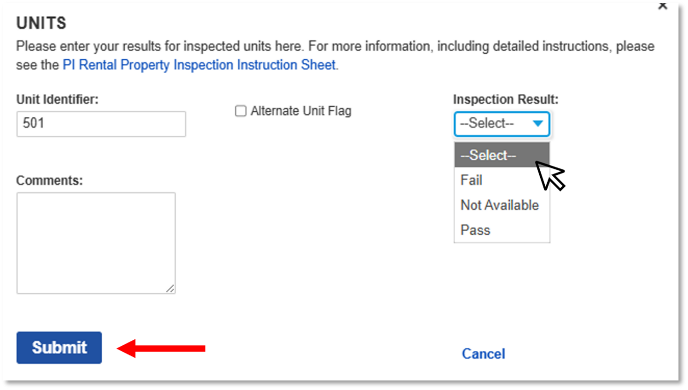 An example of how to complete inspection results for a unit.