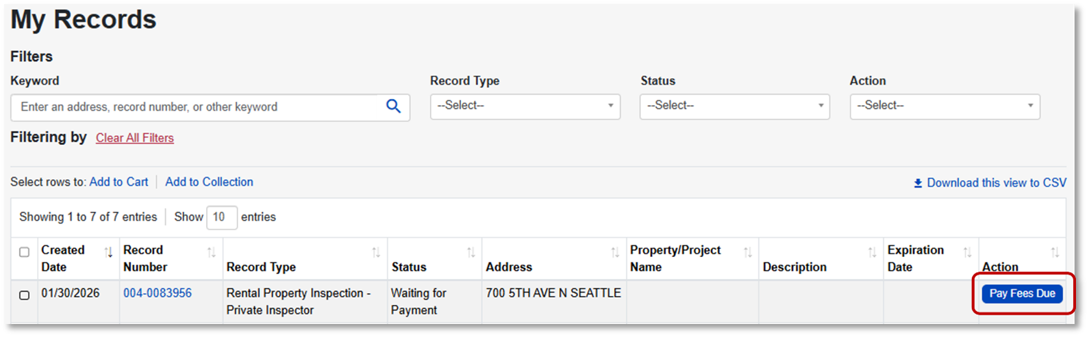 A screenshot showing the location of the pay fees button.