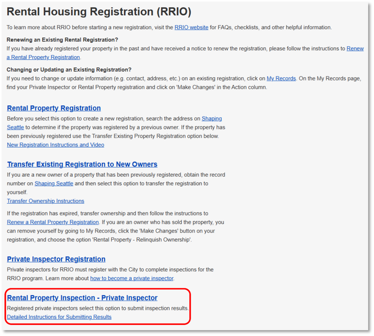 Menu of options for Rental Housing Registration with Rental Property Inspection - Private Inspector highlighted.
