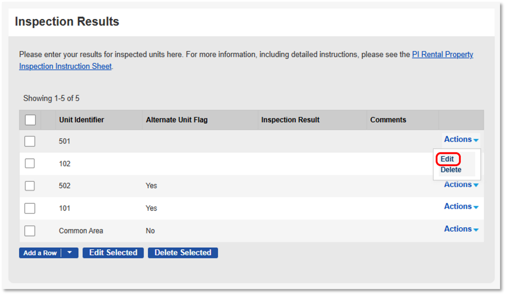 An screenshot showing where to find the Edit option under the Actions menu item.