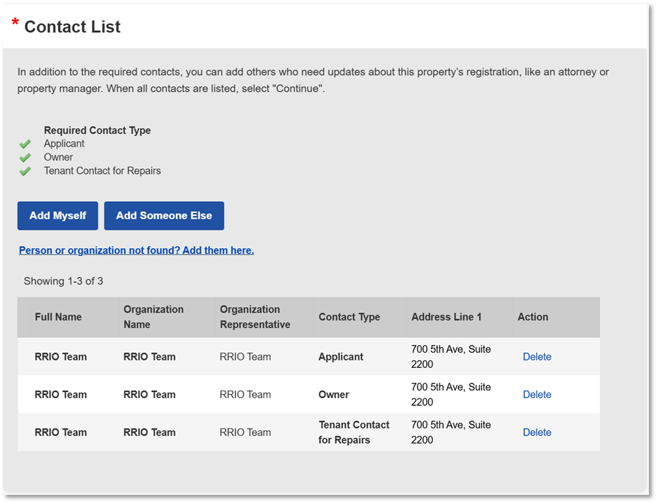 An example of a contact list with applicant, owner, and tenance contact for repairs entered.