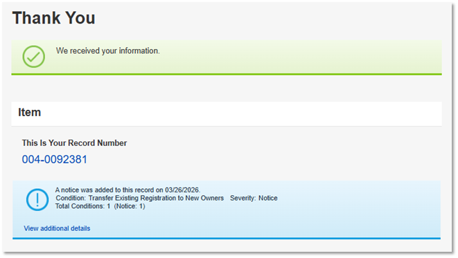 A screenshot of the thank you page with the assigned record number.