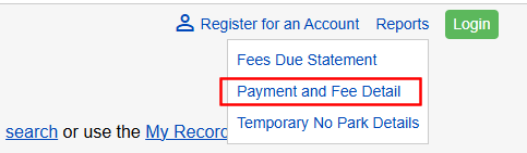 showing the location of the Payment and Fee Details option in the reports dropdown menu