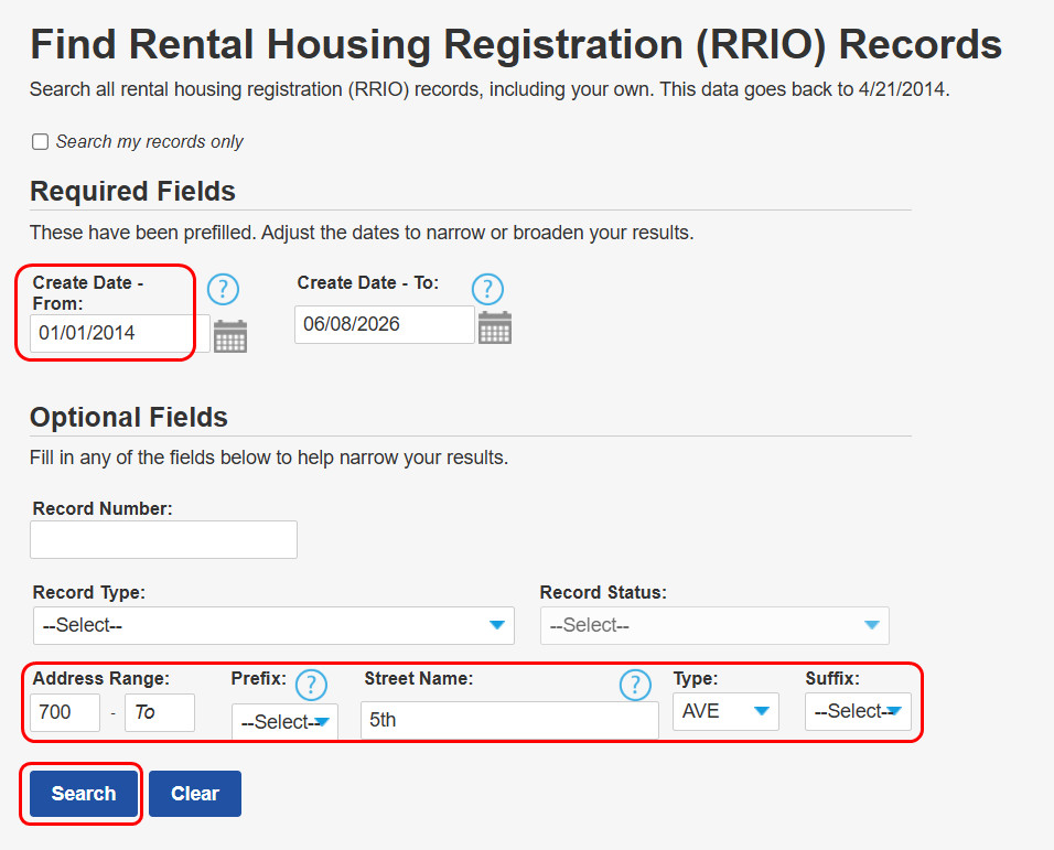 Find rental housing registraiton records with red boxes higlighting the create date and address range that need to be selected.