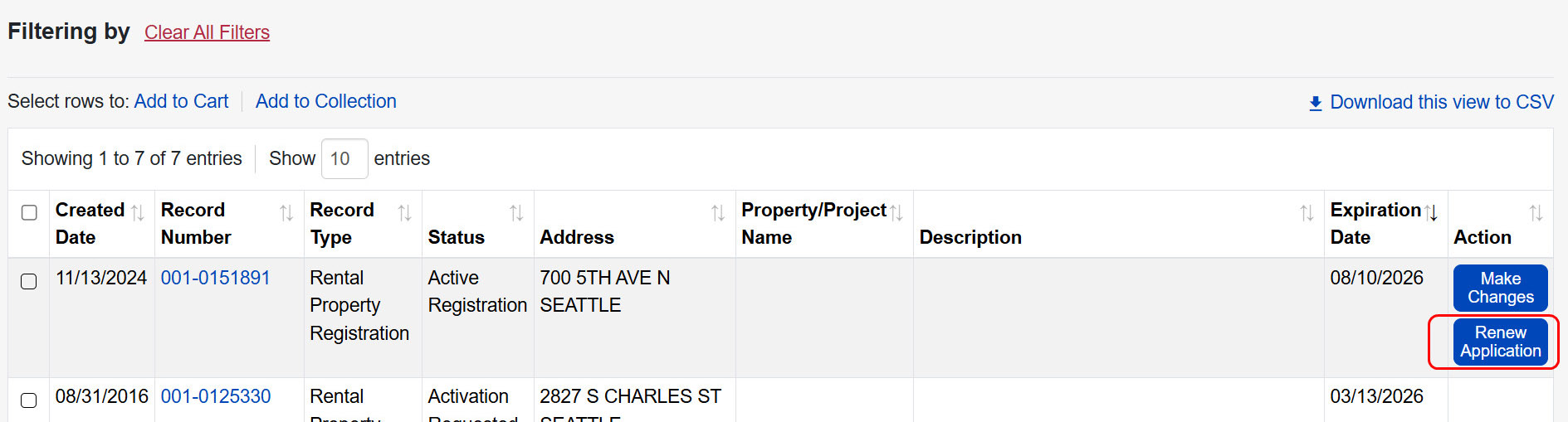 Showing where to find the renew application button.