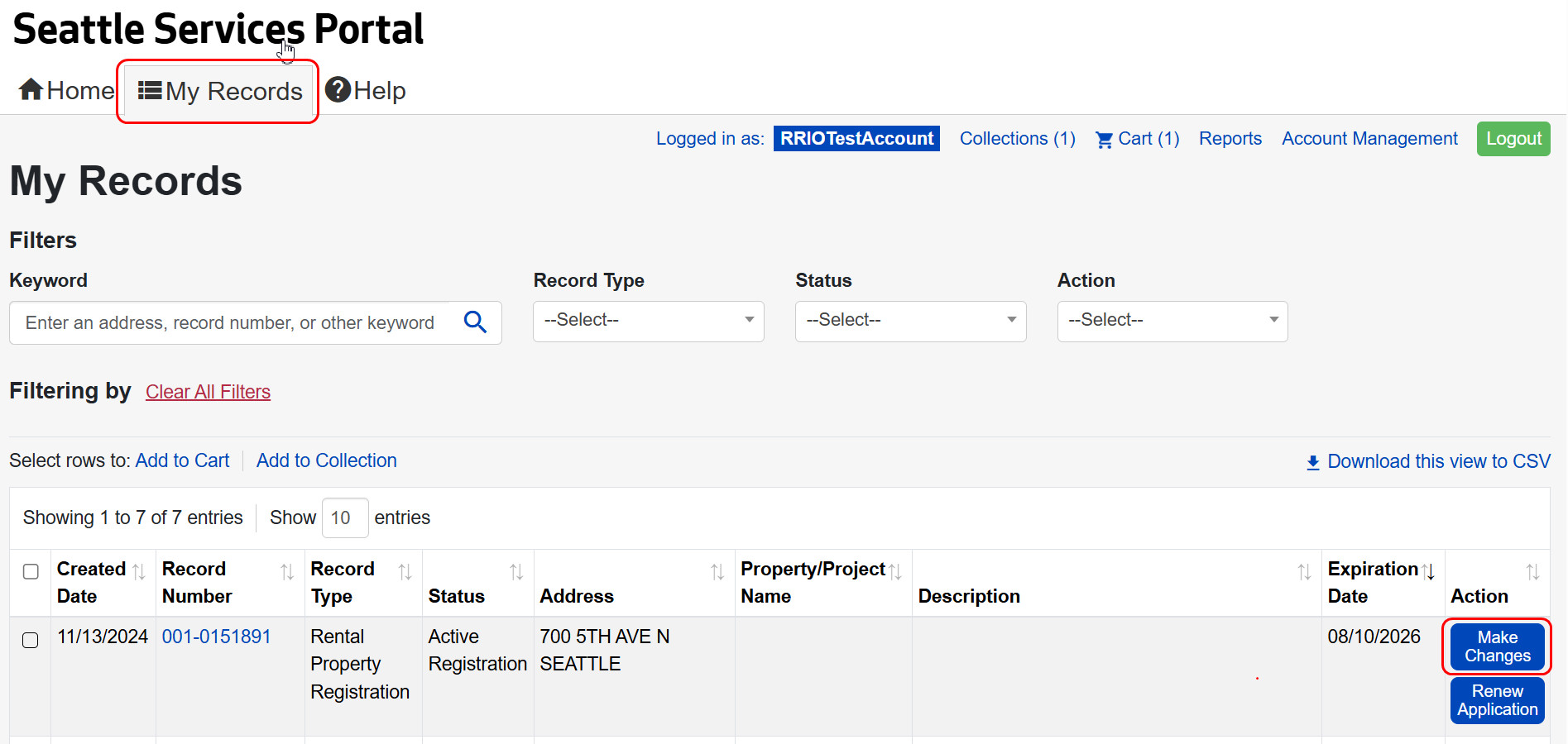 Showing the location of the my records tab and the make changes button.jpg