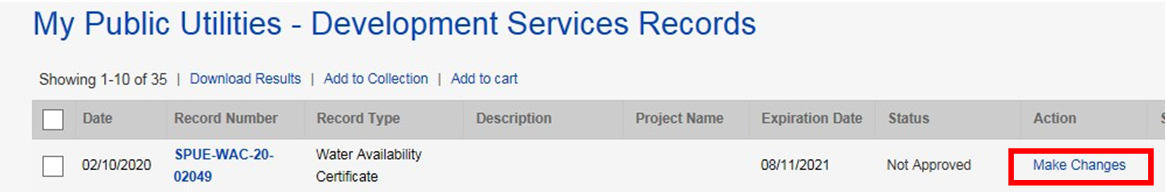 My Public Utilities – Development Services Records page on the Seattle Services Portal, a clickable Make Changes button is highlighted in red on the lower right.