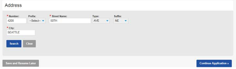 Example of where to put an address with street number, name, type of dwelling, suffix, and city boxes. Save and Clear buttons below, and a Continue Application button on the bottom right.