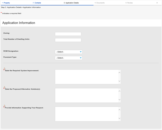 Example of the Application Information section, with space to fill in details about the application like Zoning, Total Number of Dwelling Units, and Pavement Type, with boxes to write in details below.