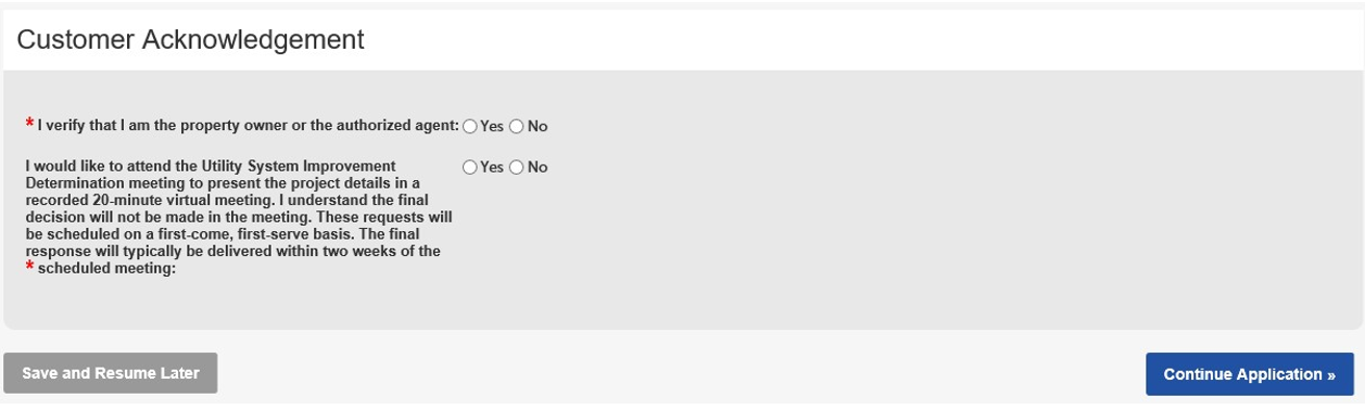 Example of customer acknowledgment page, with clickable yes/no questions to certify what was entered is correct.