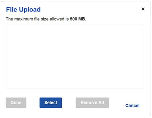 Example of file upload screen, with the select button highlighted in blue below.