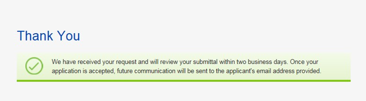 Thank you screen for when the application has been successfully submitted.