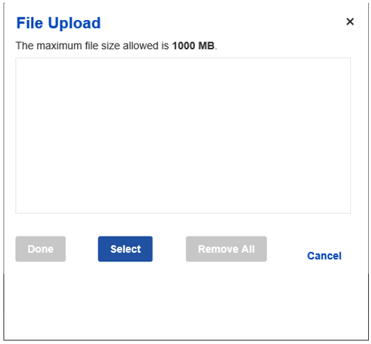 Example of file upload screen, with the select button highlighted in blue below.