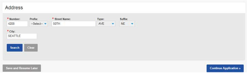 Example of where to put an address with street number, name, type of dwelling, suffix, and city boxes. Save and Clear buttons below, and a Continue Application button on the bottom right.