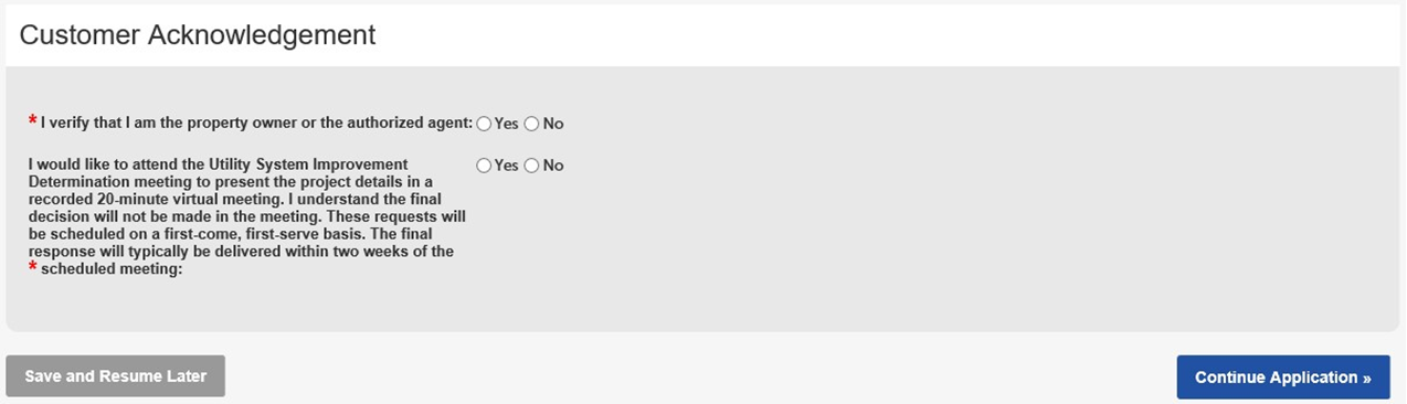 Example of customer acknowledgment page, with clickable yes/no questions to certify what was entered is correct.