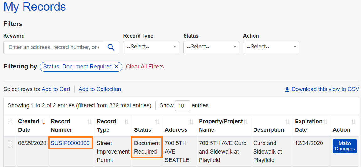 Snap of the My Records section with a record displayed. The Record Number is highlighted in orange, and the Status is highlighted in orange.
