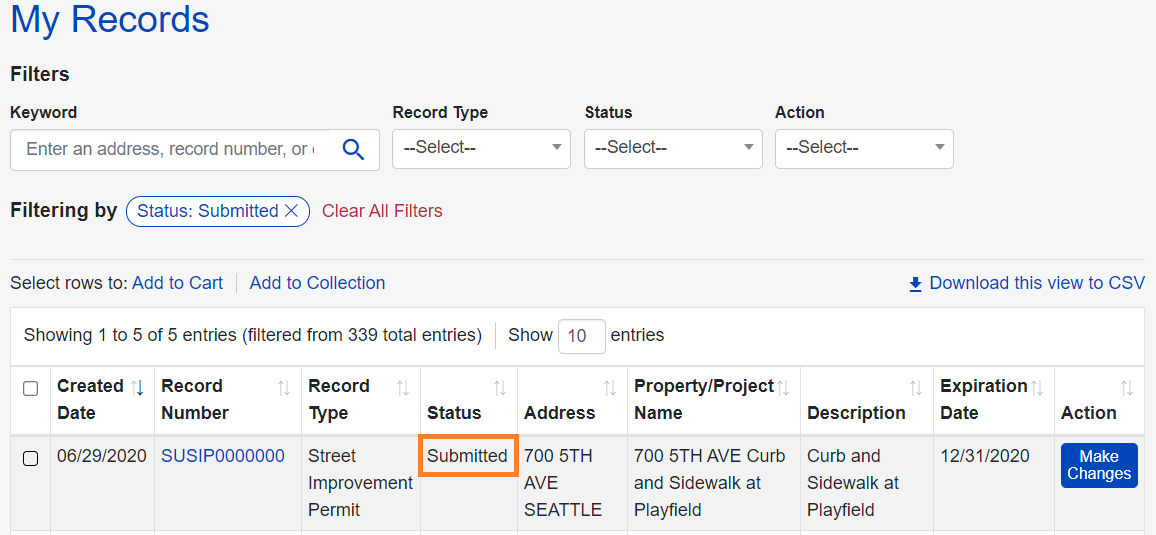 The My Records section of the site, a Street Improvement Permit record pulled up and showing as Submitted.