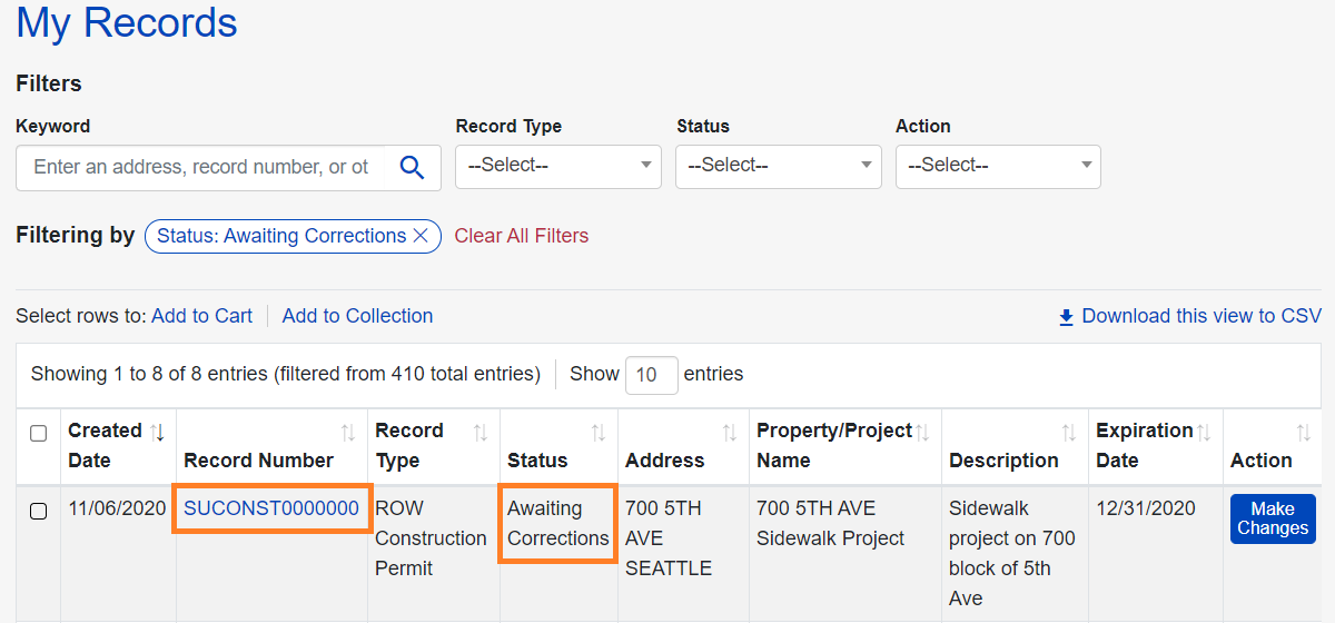 The My Records section is shown, a record is listed and the Record Number and Status are highlighted in orange.