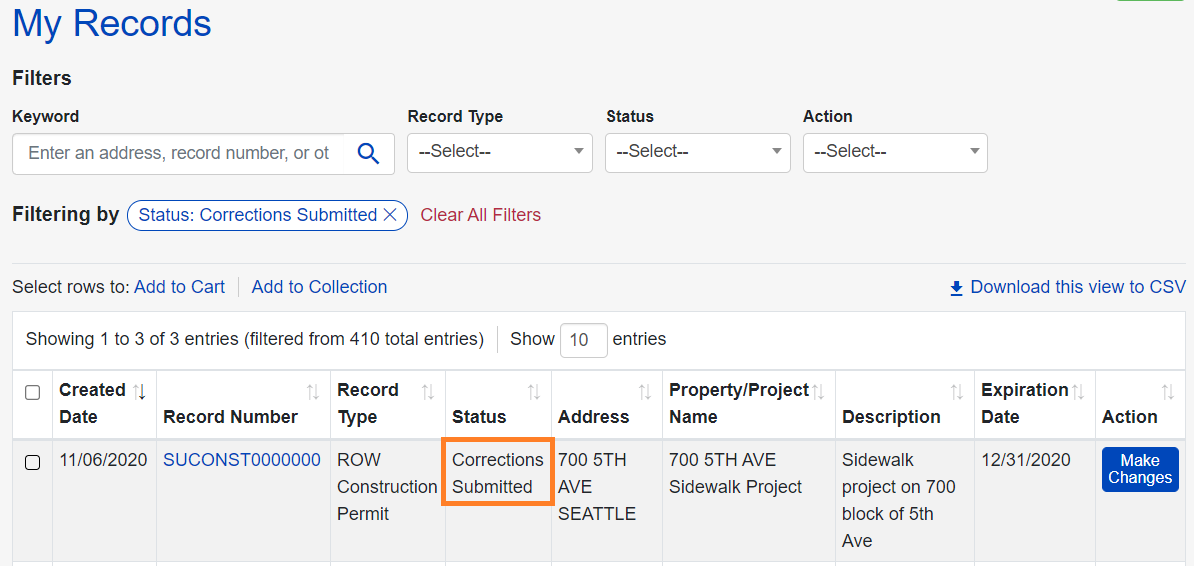 A My Records list is shown, on the record portion the Status column is highlighted and says Corrections Submitted.