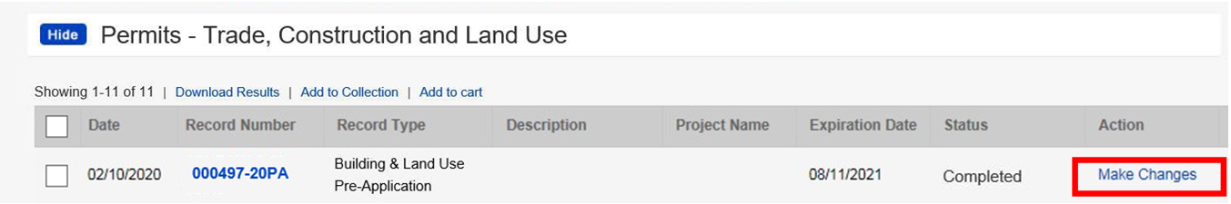 My Public Utilities – Trade, Construction and Land Use page on the Seattle Services Portal, a clickable Make Changes button is highlighted in red on the lower right.