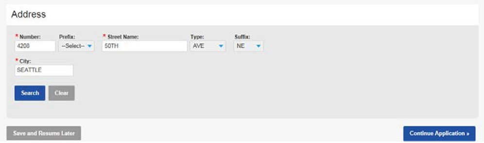 Example of where to put an address with street number, name, type of dwelling, suffix, and city boxes. Save and Clear buttons below, and a Continue Application button on the bottom right.