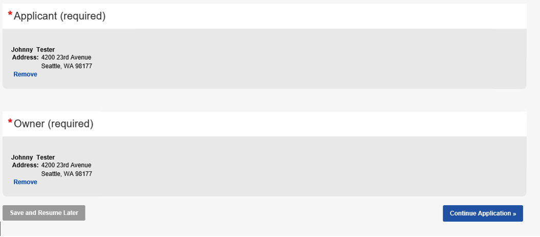 Example of the Application Information section, Johnny Tester is listed as the applicant with their address and listed again under owner. A continue application button is visible to the lower right.