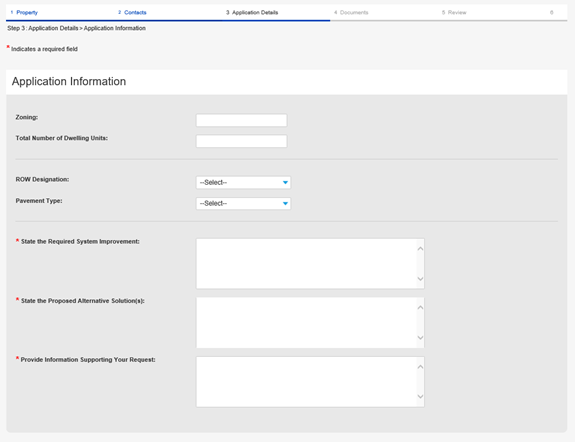 Example of the Application Information section, with space to fill in details about the application like Zoning, Total Number of Dwelling Units, and Pavement Type, with boxes to write in detail below.