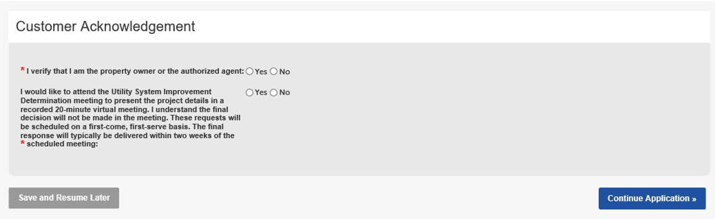 Example of customer acknowledgment page, with clickable yes/no questions to certify what was entered is correct.