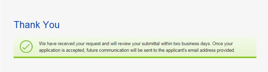 Thank you screen for when the application has been successfully submitted.