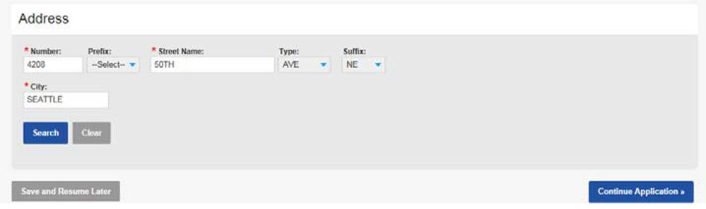 Example of where to put an address with street number, name, type of dwelling, suffix, and city boxes. Save and Clear buttons below, and a Continue Application button on the bottom right.
